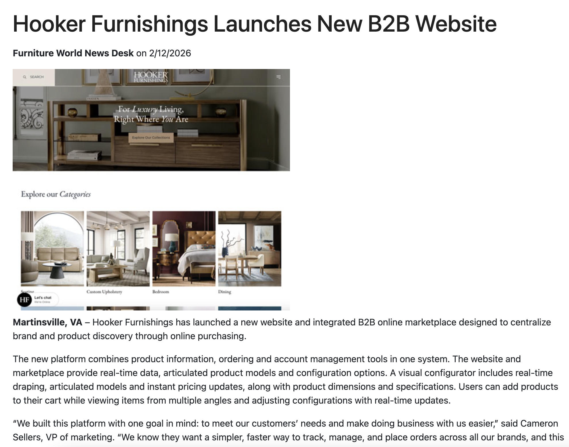Hooker Furnishings Launches New B2B Website